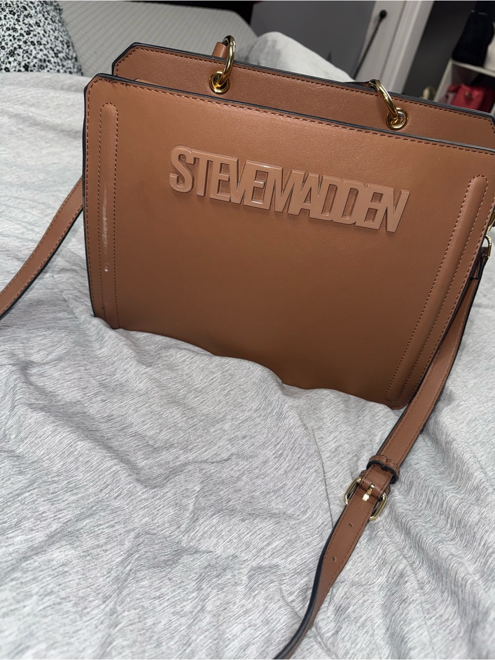 Steve Madden Brown Leather Satchel with Gold Hardware